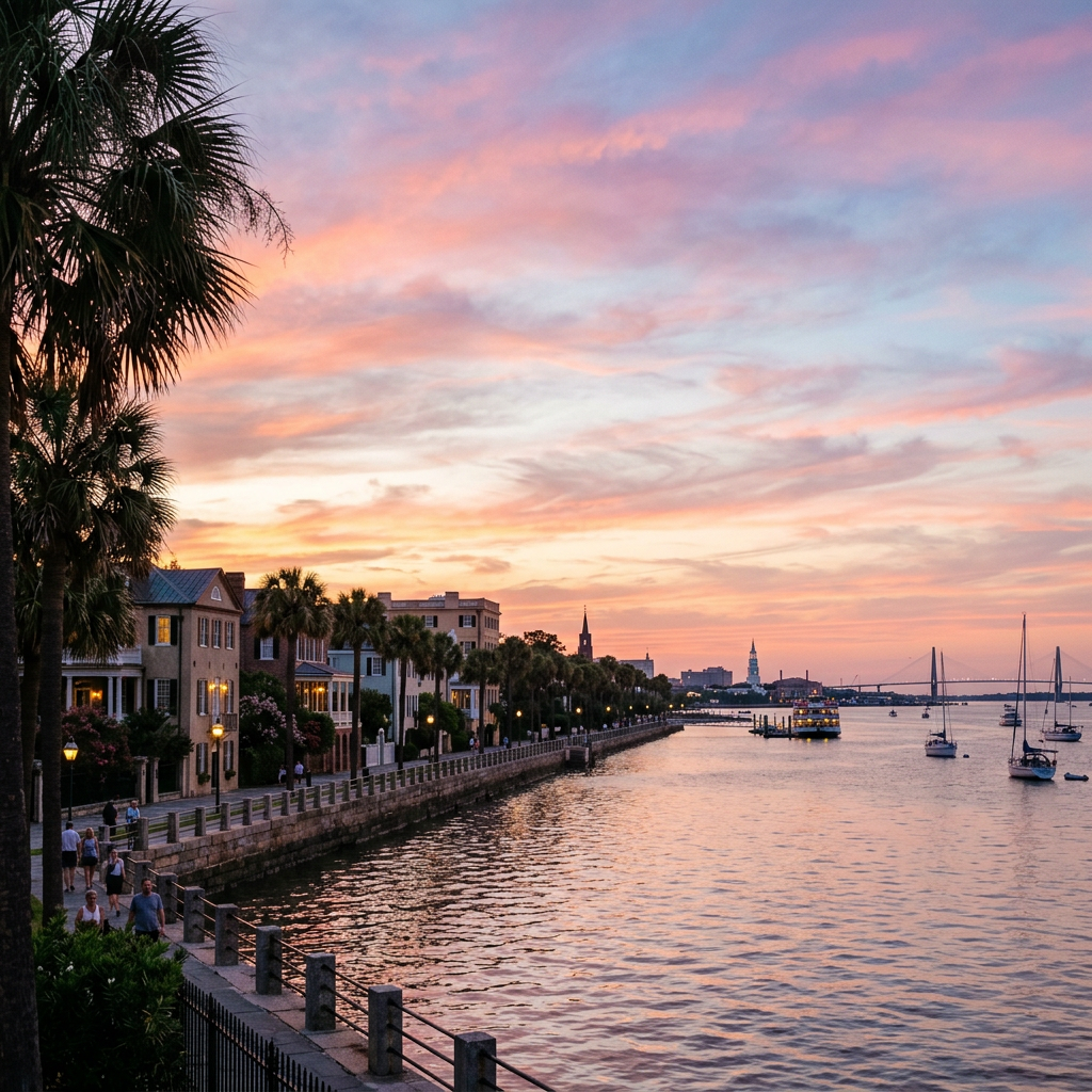 Charleston waterfront at sunset with palm trees, historic houses, and boats on the water