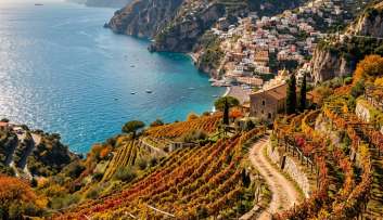 Terraced autumn vineyards overlooking an Amalfi Coast village and turquoise sea